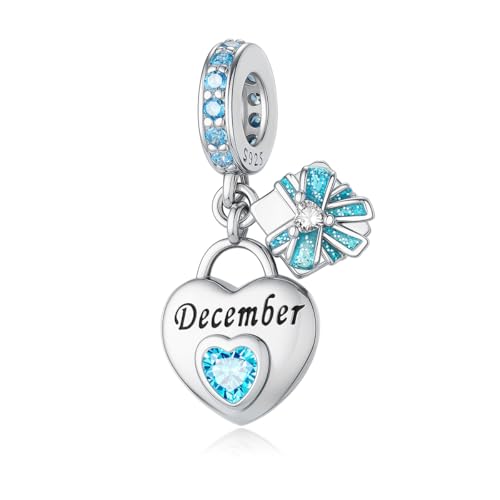 925 Sterling Silver Birthstone Bracelet Charm - Unique Heart Shaped Design, Fits most Europe Pandora Bracelets and Necklaces, women's DIY holiday Gifts - style: L-December