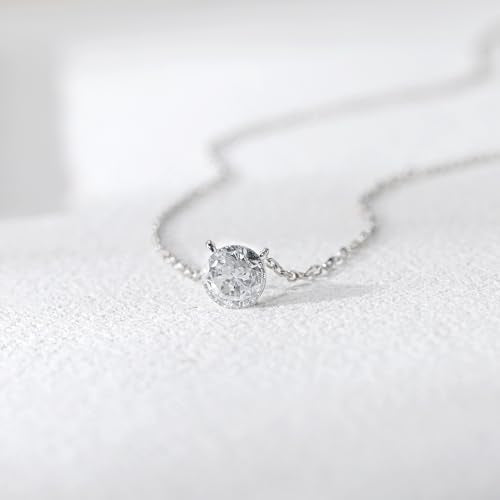 925 Sterling Silver Necklace for Women 6.5mm Round Cubic Zirconia Necklace Solitaire Pendant Adjustable 16-18 Inch Silver Chain Dainty CZ Jewelry Gift for Anniversary Birthday Wedding