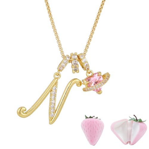 Initial Letter Necklace with Pink Heart Charm, Sparkling Zircon Alphabet Pendant in Gold or Silver Tone, Sweet Style Jewelry with Gift Box, Letter Chain for Daily Wear and Gift - color: Gold+Pink Box, size: #N
