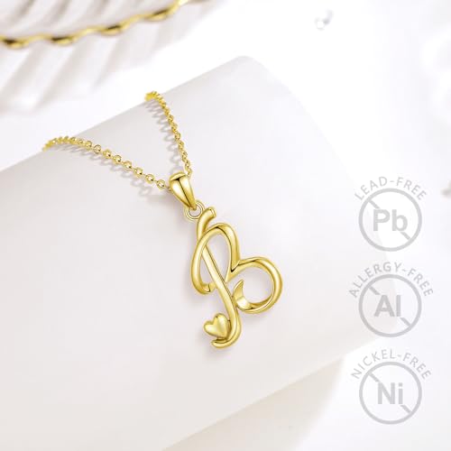 CELESTIA 925 Sterling Silver Initial Necklaces 26 Letter with Rose Gold Heart - 18 Inch Chain - color: Gold-B