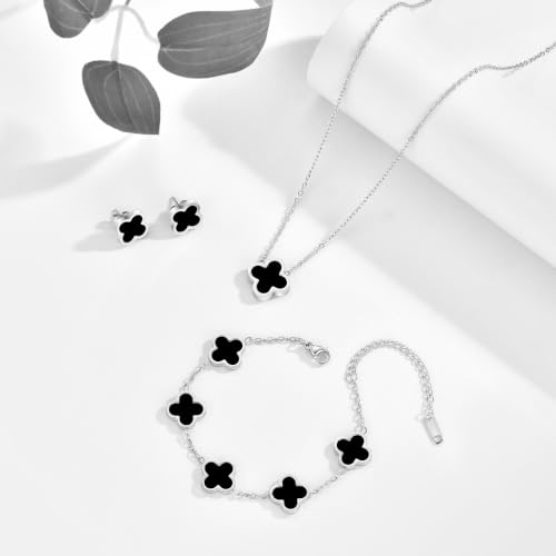 Clover Necklace Bracelet and Stud Earrings Jewelry Sets for Women | 18K Gold Plated Stainless Steel, Black/White Four Leaf Clover set,Christmas Birthday Lucky Gifts for Mom Wife Girlfriend - color: Silver Black 3PCS