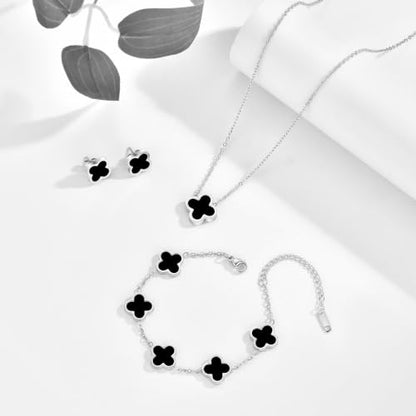 Clover Necklace Bracelet and Stud Earrings Jewelry Sets for Women | 18K Gold Plated Stainless Steel, Black/White Four Leaf Clover set,Christmas Birthday Lucky Gifts for Mom Wife Girlfriend - color: Silver Black 3PCS