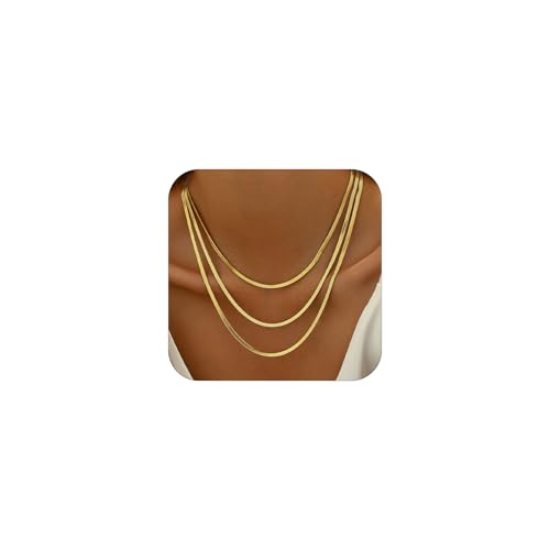 18K Gold Plated Layered Herringbone Necklaces for Women Dainty Layering Beaded Snake Chain Choker Moon Coin Pendant Necklace Trendy Stainless Steel Jewelry - color: Trible Herringbone-Gold