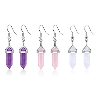 Jovivi 3Pairs Healing Crystals Earrings Sets for Women Natural Real Amethyst Rose Quartz Stone Healing Hexagonal Points Crystal Chakra Dangle Earrings - color: Style 1