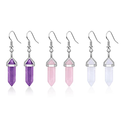 Jovivi 3Pairs Healing Crystals Earrings Sets for Women Natural Real Amethyst Rose Quartz Stone Healing Hexagonal Points Crystal Chakra Dangle Earrings - color: Style 1
