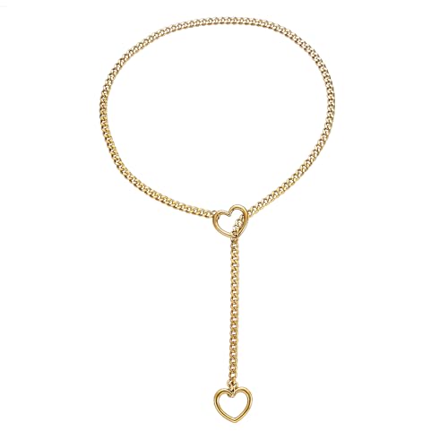 Qitian Stainless Steel Adjustable Lariat Y-Necklace for Men,Punk Gothic Cuban Necklace Jewelry,Heart O-ring Slip Chain Necklace for Women - color: Gold