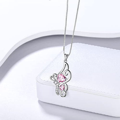 Butterfly Heart Necklace Birthstone Pendant Necklace Earrings Bracelet Women 925 Sterling Silver Animal Butterflies Birthstone Pendant Crystal Birthday Jewelry Wedding Gift - color: J.October-necklace
