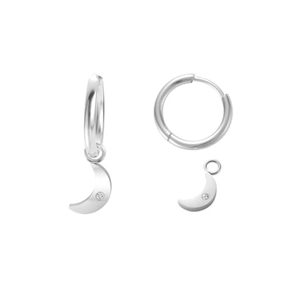 Women's Huggie Hoop Earrings with Small Cute Charm - style: Silver Quarter Moon