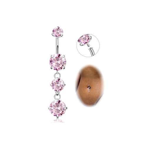 G23 Titanium Dangle Belly Button Rings for Women Dangling Navel Rings CZ Belly Rings Curved Barbell Internally Threaded Belly Piercing Jewelry - color: Pink