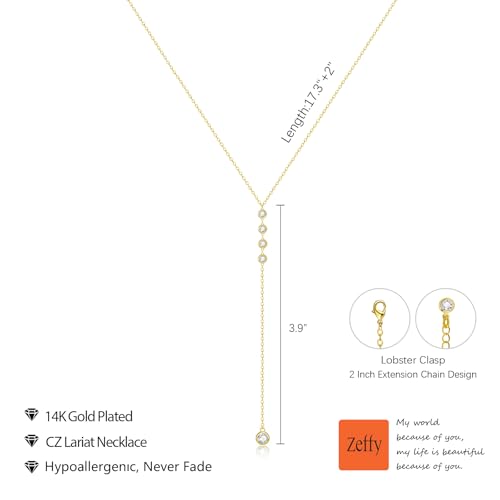 Zeffy Lariat Gold Necklace for Women, Dainty Long Necklace 14k Gold/Silver Plated Layered CZ Beaded Bar Chain Y-Shaped Body Chain Stack Drop Wedding Necklace Trendy Simple Gold Jewelry Gifts - color: Gold CZ Y Necklace(1PCS)