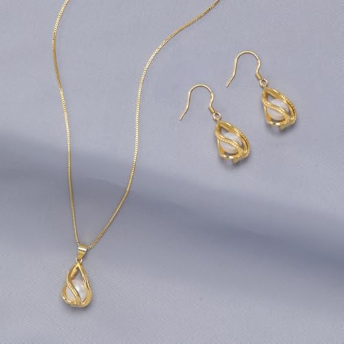 Pearl Jewelry Set For Women S925 Sterling Silver/14K Gold Plated Necklace & Earrings Set Freshwater Pearl Pendant Cage Set for Wedding Anniversary Prom Birthday Gift - color: Golden-White