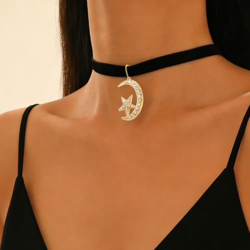 Gothic Moon Star Choker Necklace Black Velvet Choker Necklace Rhinestone Moon Pendant Necklace - color: Black Moon star choker
