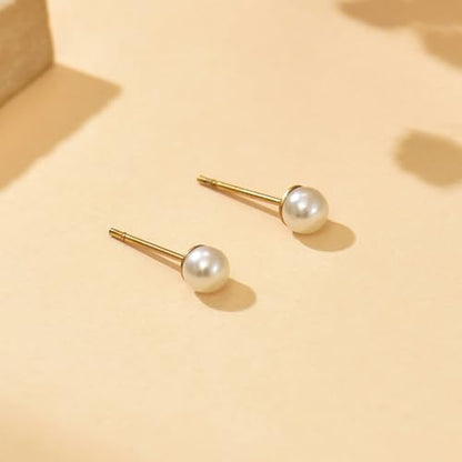 Pearl Stud Earrings for Women Gold/Silver Plated 3mm 4mm 5mm 6mm 8mm Pearl Earrings Dainty Hypoallergenic Earrings - color: Gold, size: 4 Millimeters