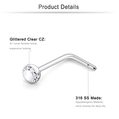 Cisyozi 18G 20G 22G Nose Rings and Studs - 316L Surgical Steel Hypoallergenic Piercing Jewelry for Women Men - L Shaped Straight Nostril Screw - Diamond CZ 1.5mm 2mm 2.5mm 3mm 12Pcs - style: L Shaped-18G-CZ 2.5mm