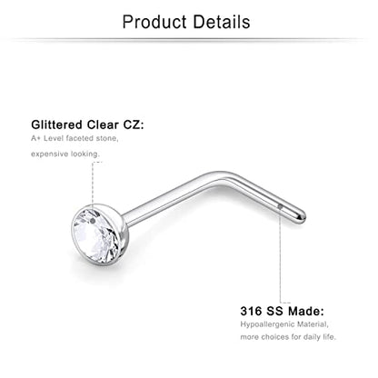 Cisyozi 18G 20G 22G Nose Rings and Studs - 316L Surgical Steel Hypoallergenic Piercing Jewelry for Women Men - L Shaped Straight Nostril Screw - Diamond CZ 1.5mm 2mm 2.5mm 3mm 12Pcs - style: L Shaped-18G-CZ 2.5mm