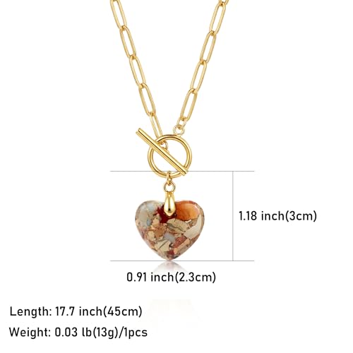 Puff Heart Healing Stone Necklace for Women, 14K Gold Plated Choker Paperclip Stainless Steel Chain, Colorful Natural Stone Boho Necklace Jewelry Gift for Women - color: Khaki Stone-Gold