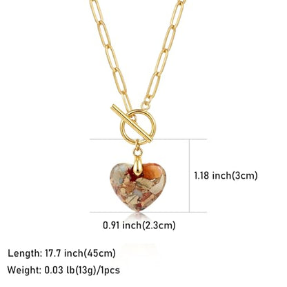 Puff Heart Healing Stone Necklace for Women, 14K Gold Plated Choker Paperclip Stainless Steel Chain, Colorful Natural Stone Boho Necklace Jewelry Gift for Women - color: Khaki Stone-Gold