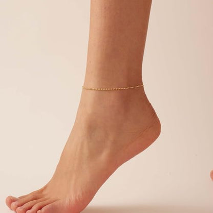 Dainty Ankle Bracelets for Women 18K Gold Plated Waterproof | Satellite Beaded Herringbone Lip Chain Anklets Simple Minimalist Summer Beach Foot Jewelry, Gift Box Included - color: Ball Chain-Gold