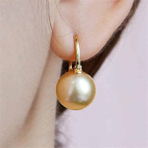 HUGE TOMATO 925 Sterling Silver Simulated Shell Pearl Earrings for Women Trendy, Big Pearl Drop Earrings Leverback Stud,18K Gold Plated Large Pearl Hoop Dangle Hypoallergenic Jewelry 14mm - color: Yellow Gold