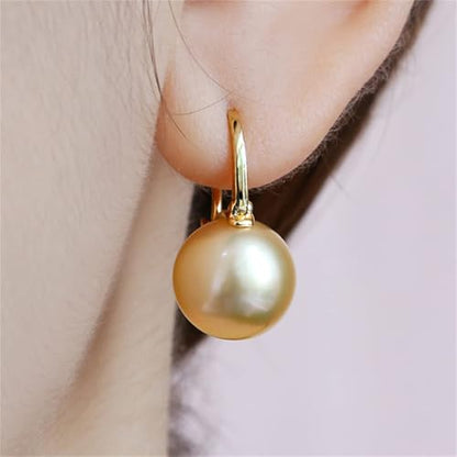 HUGE TOMATO 925 Sterling Silver Simulated Shell Pearl Earrings for Women Trendy, Big Pearl Drop Earrings Leverback Stud,18K Gold Plated Large Pearl Hoop Dangle Hypoallergenic Jewelry 14mm - color: Yellow Gold