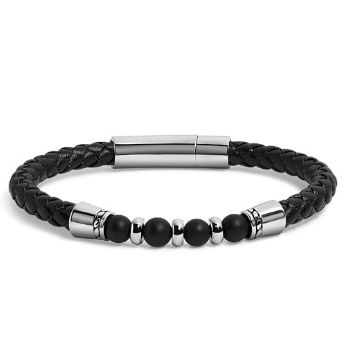Elegatto Elagio Premium Braided Leather Bracelet for Men | Full-Grain Braided Leather with Sterling Silver Polished Stainless Steel Clasp | Men’s Designer Bracelets - color: Elagio Onyx, size: Extra Small