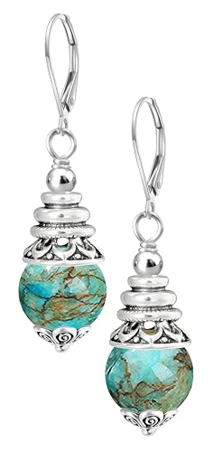Natural 10mm Stone Beads Drop Earrings,Retro Silver Round Quartz Crystal Gemstone Beads Dangle Earrings for Women - color: A13_South-African Turquoise