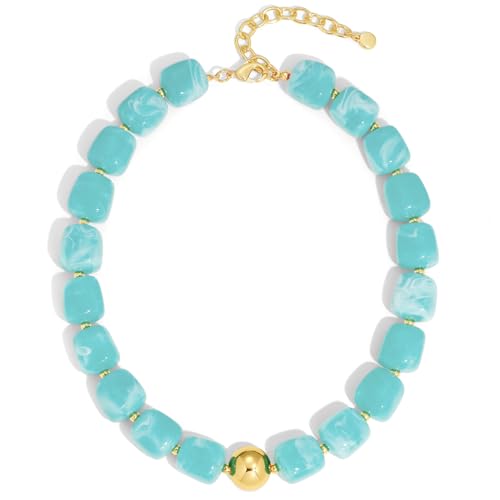 Chunky Colorful Beaded Choker Necklace for Women, Summer Beach Statement Resin Beads Necklace, Trendy Womens Summer Beach Jewelry Birthday Gifts for Vacation Holiday - color: Square Lake Blue Bead