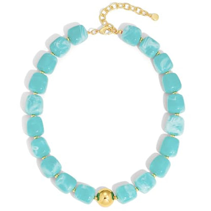 Chunky Colorful Beaded Choker Necklace for Women, Summer Beach Statement Resin Beads Necklace, Trendy Womens Summer Beach Jewelry Birthday Gifts for Vacation Holiday - color: Square Lake Blue Bead