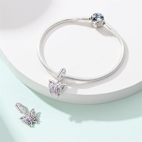 925 Sterling Silver Charms for Bracelets and Necklaces Beads Charms Jewelry Gift for Women - color: Pink Butterfly Charm