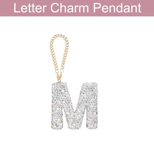 MECCANIXITY Bling Car Letter Charm, Initial M Letter Interior Car Rear View Mirror Decoration Hanging Crystal Ornaments for Women Bags Water Cup DIY Craft, Silver - style: Letter M