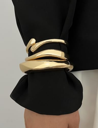 Chunky Gold Bangle Bracelets for Women, Dainty 14k Gold Plated Big Stackable Bangles Set, Trendy Statement Cuff Bracelet Stack Fashion Jewelry Gifts - style: A1-gold