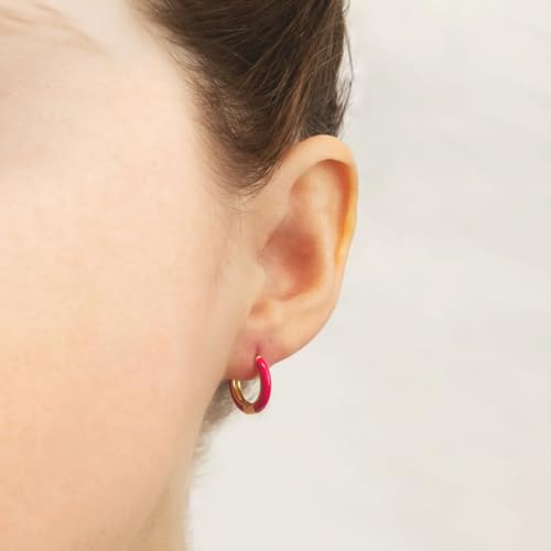 14K Gold Plated Sterling Silver Enamel Color Huggie Hoop Earrings for Women – Wide Range of Vibrant Color Options Available - color: Pink ( Neon )