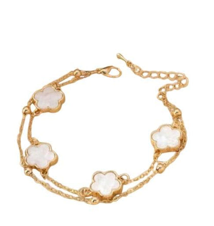 Gold-Tone Double Layer Clover Charm ankle Bracelet, black stone, Adjustable - color: White And Gold