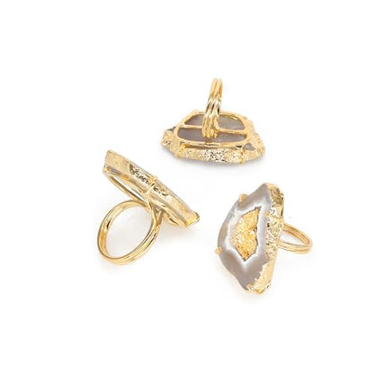 Ring Geode Druzy Slice Unique And Stylish Statement Gold Plated Jewelry Natural Gemstone Stone size 25-35 mm Approximately Adjustable Shank US Scale Size 6-9 - color: Yellow