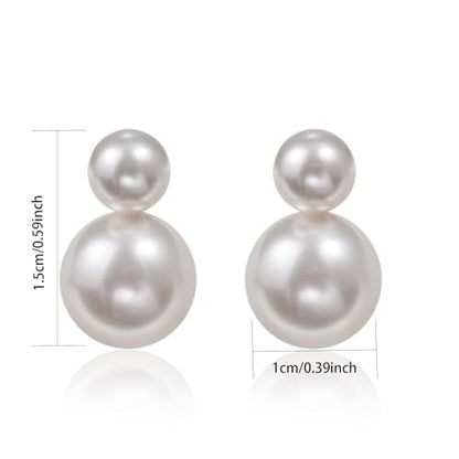 Bi&Yamigeo Mini Double Pearl Drop Stud Earrings,White Round Dangle Jewelry