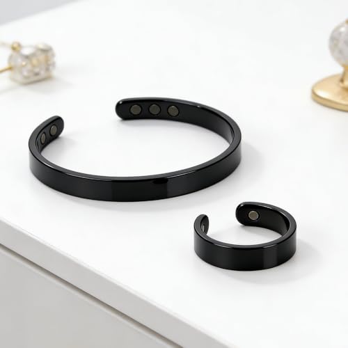Calming Bracelet Ring Set for Women, Menopause Bracelets Adjustable Bangle Stainless Steel Cuff Climacterium Anxiety Stress Relief Energy Open Jewelry Gift - color: Black + Black