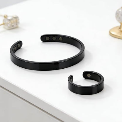 Calming Bracelet Ring Set for Women, Menopause Bracelets Adjustable Bangle Stainless Steel Cuff Climacterium Anxiety Stress Relief Energy Open Jewelry Gift - color: Black + Black