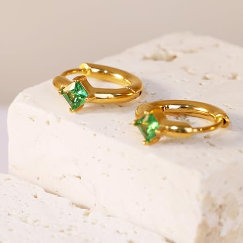 316L Surgical Steel Birthstone Hoop Earrings for Women | Lightweight, 5A Cubic Zirconia, Hypoallergenic, Lead & Nickel Free, 8mm Huggie Hoops - color: 18k gold-plated: 05. May (Emerald)