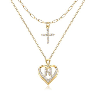 14K Gold Plated Layering Necklaces,Heart Initial Layered Necklace Cross Pendant Necklace Charm Personalized Stackable Jewelry Gift for Her - style: N