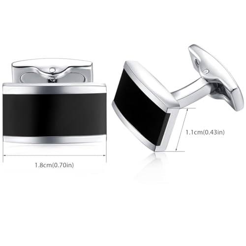 HONEY BEAR Silver Black Rectangle Cufflinks Tie Clips Set for Men Wedding | Business, Tarnish-Resistant, Steel-Plated Copper Base, Gift Box, for Groomsmen, Father, Husband, Anniversary, Formal Events