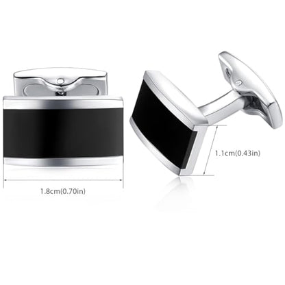 HONEY BEAR Silver Black Rectangle Cufflinks Tie Clips Set for Men Wedding | Business, Tarnish-Resistant, Steel-Plated Copper Base, Gift Box, for Groomsmen, Father, Husband, Anniversary, Formal Events