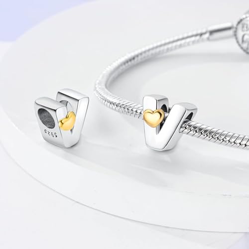 Two-Tone Gold Heart S925 Silver Letter Charm Fits Pandora Bracelet Necklace | Initial Bead Two-Tone Gold Heart, DIY European Bracelet Accessory, Gift for Ladies Birthday Anniversary Valentine - style: V