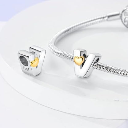 Two-Tone Gold Heart S925 Silver Letter Charm Fits Pandora Bracelet Necklace | Initial Bead Two-Tone Gold Heart, DIY European Bracelet Accessory, Gift for Ladies Birthday Anniversary Valentine - style: V