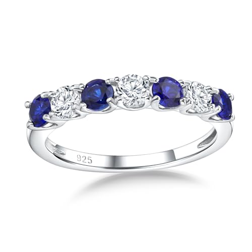 Birthstone Wedding Band Eternity Rings 925 Sterling Silver Rings Stackable Anniversary Engagement Rings Cubic Zirconia Inlaid Created Garnet/Amethyst/Sapphire Ring 7 Stone Ring, Size 6 to 10 - color: Blue Sapphire & 5A CZ