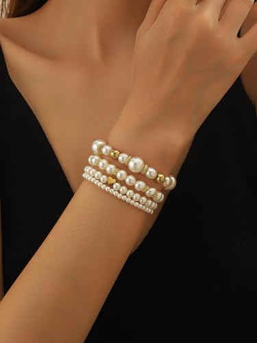 4/8 Pack Pearl Bracelets for Women Simulated Pearl Beaded Stackable Bracelet Set White Pearls Stretch Bracelet Set Multilayered Elastic Pearls Bracelets Bangles for Women Bridal Boho Jewelry - color: Gold