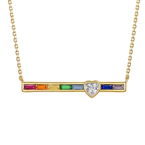 Fettero Dainty 14K Gold Plated Cubic Zirconia Necklaces for Women, Simple Bar Pendant Necklace, Mix-color Rainbow Jewelry Gold Necklace for Women Trendy Gifts - style: Rainbow Heart