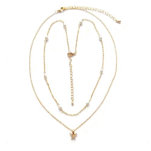 Dainty Choker Necklace for Women 18K Gold Plated Shining Dots Box Chain Sparkle Necklaces Cute Paperclip Link Herringbone Necklace Exquisite Jewelry Gifts for Mom Girlfriend - style: Z/Layered Pearl Butterfly