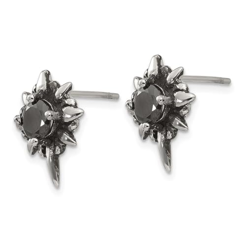 Diamond2Deal Stainless Steel Antiqued and Polished with Black Cubic Zirconia Stud Earrings Len-0.6 In, Wid-0.14 In