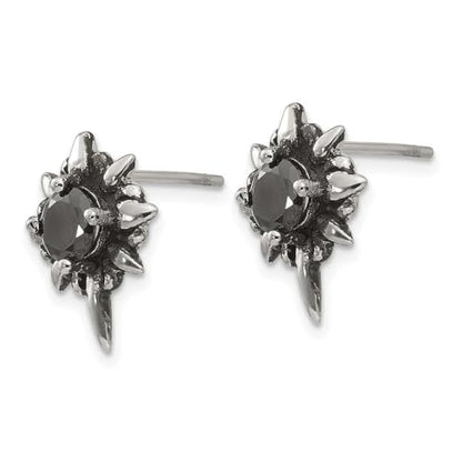 Diamond2Deal Stainless Steel Antiqued and Polished with Black Cubic Zirconia Stud Earrings Len-0.6 In, Wid-0.14 In