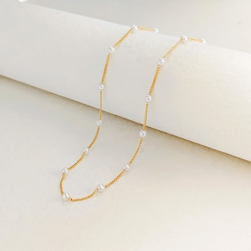 OGD Gold Pearl Necklace Set for Women 14K Plated Layered Daisy Choker Gift - color: Satellite Pearl - Gold
